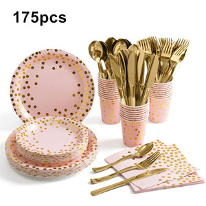 175PCS Disposable Tableware Bronzing Paper Plate Napkin Cup Knife And Fork Spoon Cutlery Set
