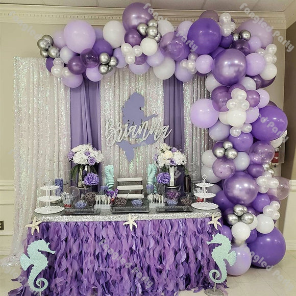 141pcs Macaron Purple Wedding Balloon Garland White Chrome Silver Balloons Arch Kit