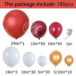 185pcs Burgundy Balloon Garland Arch Kit Metallic Gold Skin Latex Balloons
